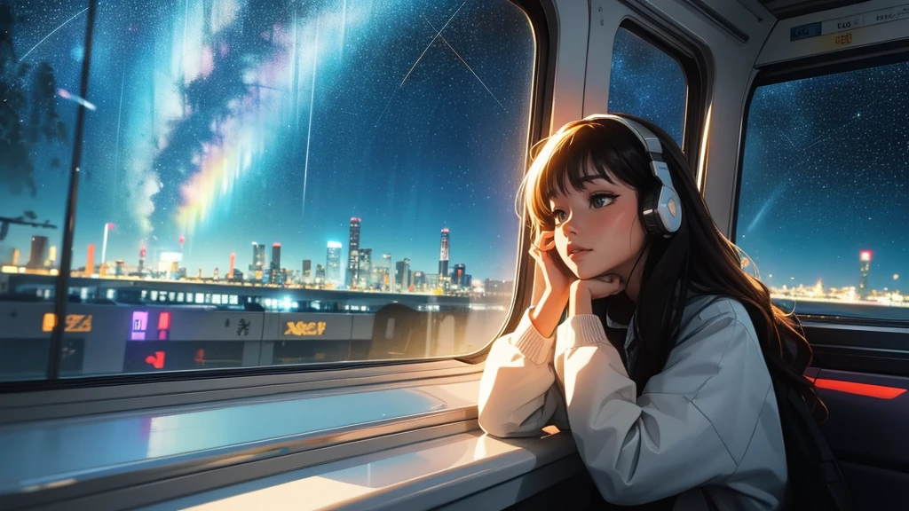 train, Sit by the window, Adopt a pensive posture, Stargazing, His head was stuck in the glass, Put on headphones, Let your hands hang naturally,Scenery passing by at high speed, Night Travel, Beautiful starry sky, beautiful girl, UHD Portrait, (high quality) (Super detailed) Observation of viewers wearing hip-hop street fashion; different, colorful, Long hair in color 🌈