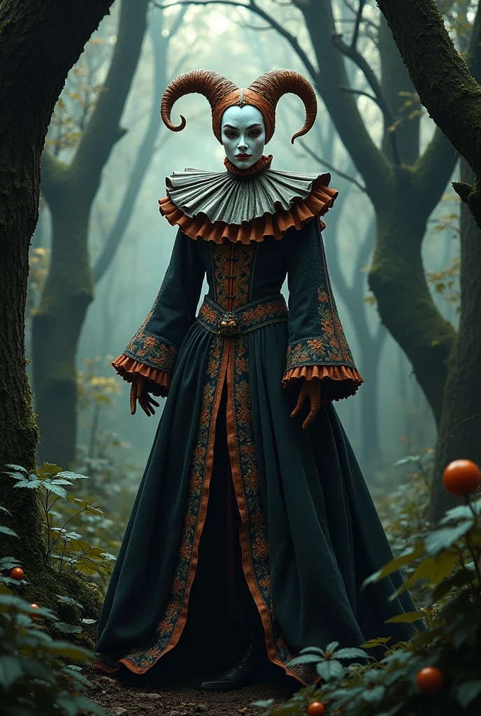 Jester with a white and orange mask, black and white medieval style costume, in a dark forest