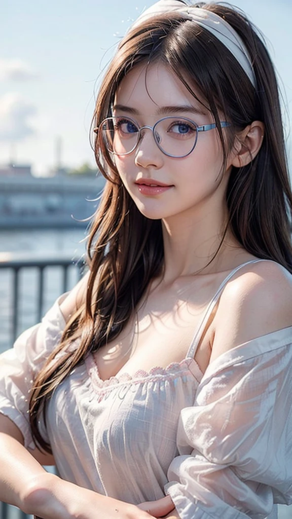 Girl, blue sky and white clouds, wearing silver glasses, happy, happy, reddish cheeks, black hair, wearing pink bow headband, perfect quality, clear focus (clutter - home: 0.8), (masterpiece: 1.2) (Realistic: 1.2) (Bokeh) (Best quality) (Detailed skin: 1.3) (Intricate details) (8K) (Detail eyes) (Sharp focus), (Happy)