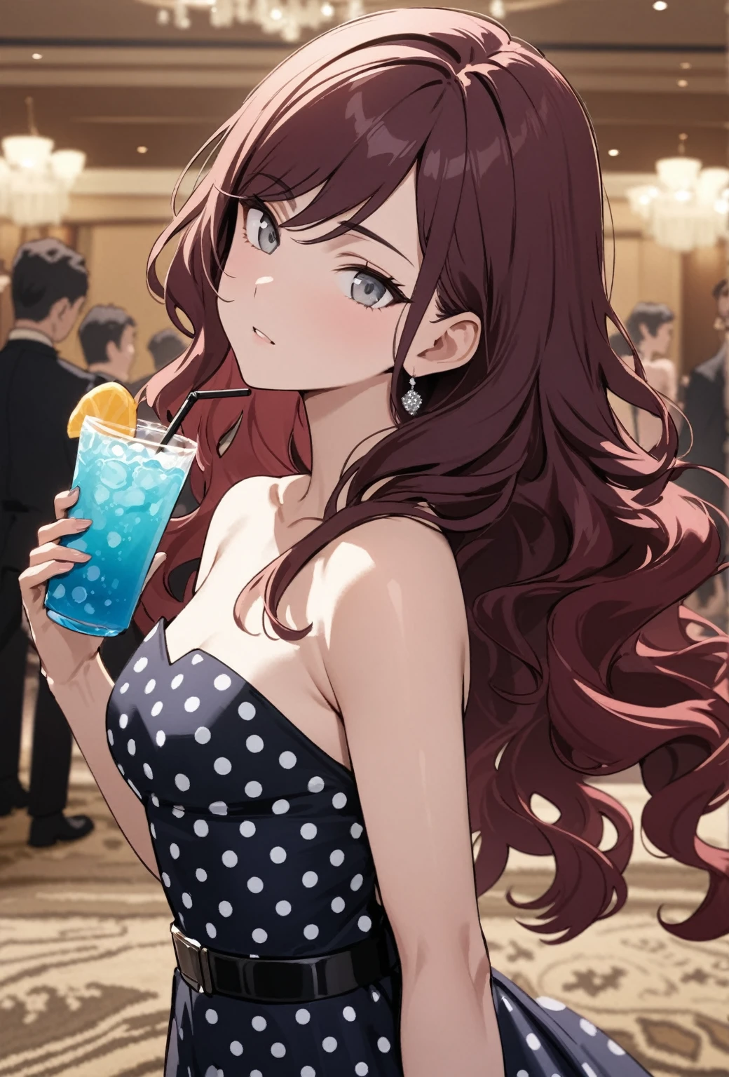 best quality, masterpiece, stoic,young woman, from side, head tilt, close up, Gray eyes, long wavy hair, dark red hair, swept bangs, toned arms, small breasts, strapless dark blue polka dot dress, black belt, black combat boots, ballroom, holding drink, hotel, carpet, furnished, people in background,