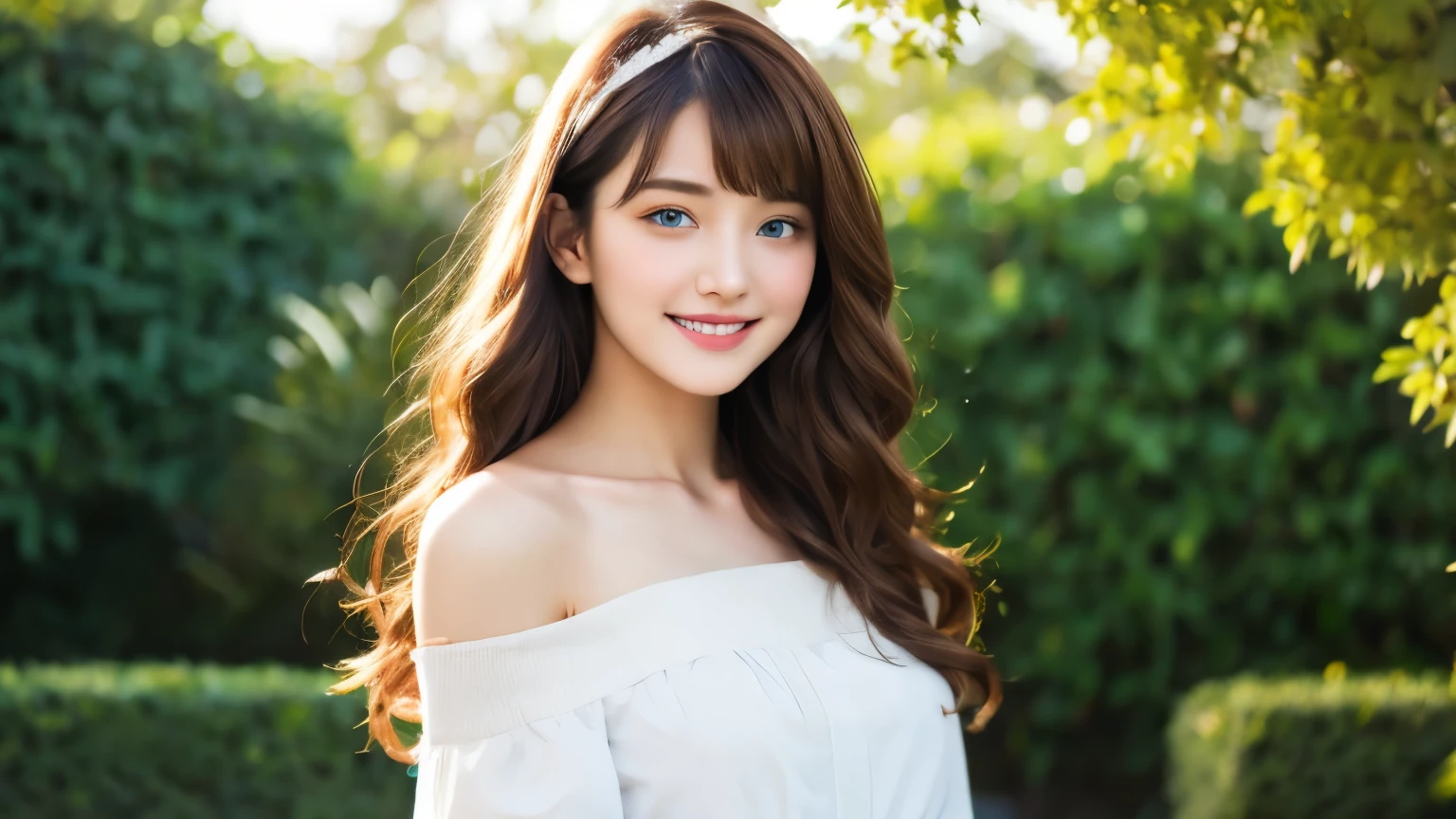 Amidst a garden kissed by the morning sun, a captivating vision unfolds. A young maiden, the epitome of innocence and grace, stands amidst a vibrant tapestry of blossoms. Her flowing, straight black hair cascades down her back, adorned with a chic fringe that delicately sweeps across her forehead. The hair, like a waterfall of midnight silk, glistens with a subtle sheen under the gentle rays of sunlight. Clad in a resplendent dress, she exudes an aura of timeless elegance. The fabric, as soft as a summer's breeze, drapes around her slender form, its gentle folds accentuating her youthful curves. The dress, in shades of ethereal beauty, complements the colors of the flowers that surround her. Delicate lacework embellishes the edges, adding a touch of intricate charm to her ensemble. Her porcelain-like complexion is bathed in a warm, golden glow, as if kissed by the heavens themselves. Her captivating eyes, deep pools of wonder, reflect the purity of her soul. They shine with a gentle radiance, drawing the viewer into their depths. A rosy blush graces her cheeks, adding a touch of natural warmth to her ethereal beauty. The painting captures a fleeting moment of tranquility and serenity, inviting the viewer to immerse themselves in the enchanting presence of this innocent girl, her bangs framing her face with a touch of playful elegance.