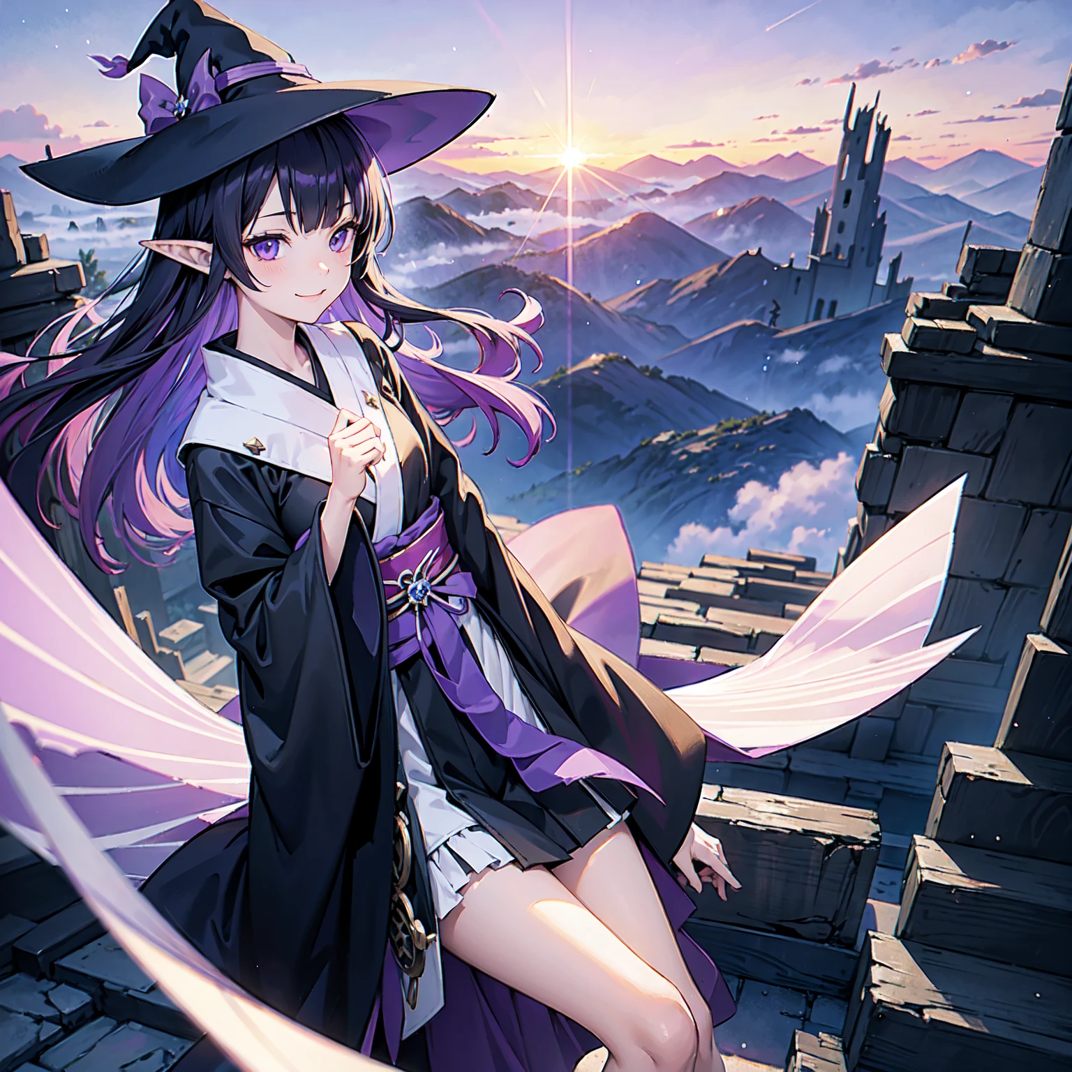 A girl with long violet-purple hair. Pointy elf ears. Her clothes are simple: a black robe with wide sleeves and a black miniskirt. Her knees are showing. The front has a V-shaped white insert like a kimono. A big smile. Gentle face. Background, Bright painting, Makoto Shinkai, floating ruins, floating in the sky, above the clouds, stairs in the sky, illustration, nostalgic, vivid, background only, bright, refreshing, stairs, sunset. Witches' hats with purple ribbons on either side.