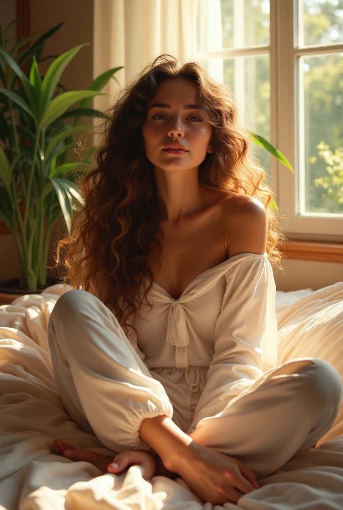 (photorealism:1.2), beautiful woman, sitting on bed, wearing loose off-shoulder top, pajama pants, long curly hair, indoors, soft lighting, plants in background, window with sunlight, cozy room, relaxed pose, realistic, intricate details, warm colors, by Greg Rutkowski, by Alphonse Mucha