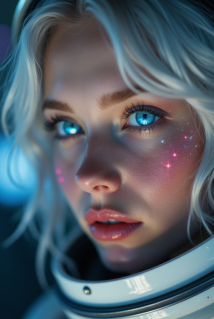 (Close-ups of even better masterpieces:1.5)0.9], (Space and astronauts:1.2) (Disheveled silver hair:1.1) (Heterochromia、Xanthochromia、blue eyes:1.2) (Space Helmet:1.0) (Colored stars in my eyes:1.0) (Shining Sparkle:1.1) (Thick lips:0.9)