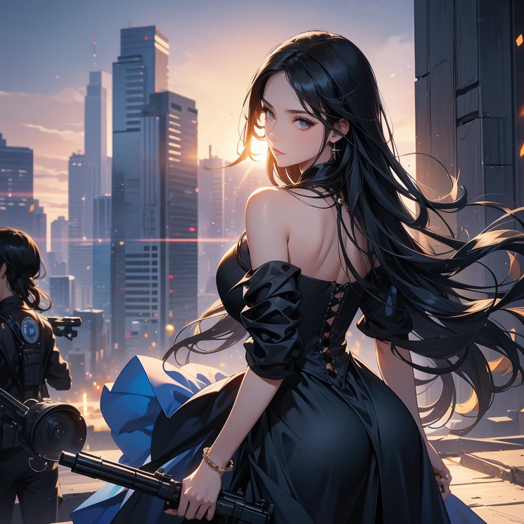 a beautiful woman with long black hair, wearing a tight blue dress, standing holding a pistol, aiming the barrel at the bad guys, on a tall building, the sun is setting, close up.