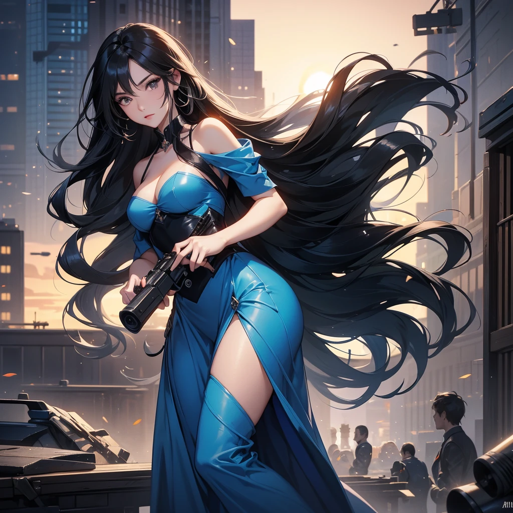 a beautiful woman with long black hair, wearing a tight blue dress, standing holding a pistol, aiming the barrel at the bad guys, on a tall building, the sun is setting, close up.