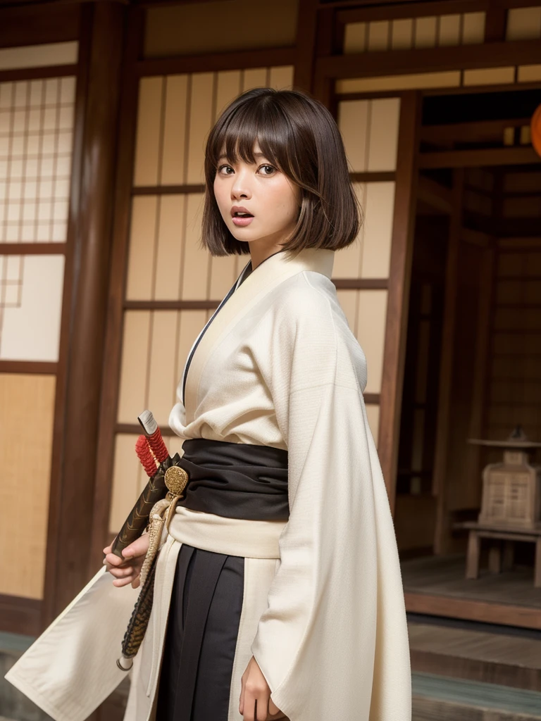 ( bangs, blunt bangs, brown hair, short hair, Straight hair, Depth of written boundary, f/4.0, 135mm, Nikon, uhd, masterpiece, Textured skin, Super detailed,4K,Wide-area lighting),(Beautiful woman: 1.4、Very white skin、Fine grain、 double eyelid)、(((wearing a luxurious kimono、Full body view、Sengoku period、Japanese-style building、Japanese sword、Angry expression)))
