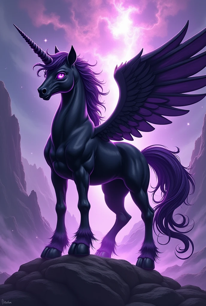Black horse with metal wings, the frame of which glowed purple and gold creating a gradient, Masterpiece, high quality, dark fantasy