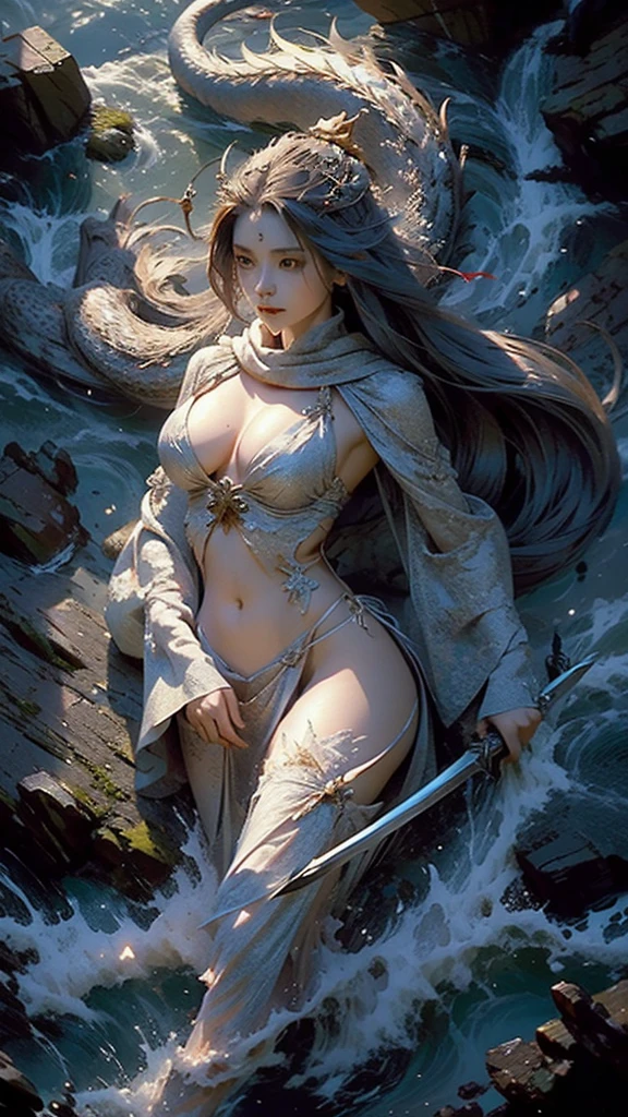 On the mountain coast,A beautiful dragon girl,long hair shawl,Big breasts,Wearing Immortal Clothes,Sword,Perform sword dance alone