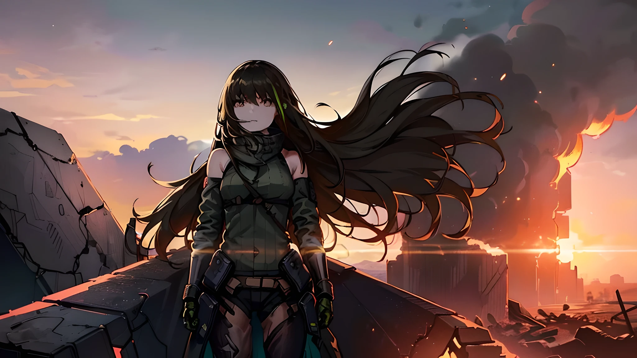 Midjourney, M4A1 (Girls' Frontline), ((1girl)), (masterpiece, high quality, compelling illustration:1.3), (girl standing in a scorched battlefield:1.2), (stern expression conveying determination:1.2), (devastation and chaos in the background:1.2), (charred earth and smoky atmosphere adding intensity:1.2), (wind blowing her hair and clothes for dynamic effect:1.1), (emphasizing resilience in the face of adversity:1.2), (subtle hints of hope amidst destruction:1.1), (intense color palette to evoke the harsh environment:1.2), (capturing the strength and courage of the girl:1.2), (creating a powerful illustration of survival and defiance:1.3), (contrast between the girl's unwavering spirit and desolation around her:1.2), (immersing the audience in a scene of bravery and resolve on a scorched battlefield:1.2).