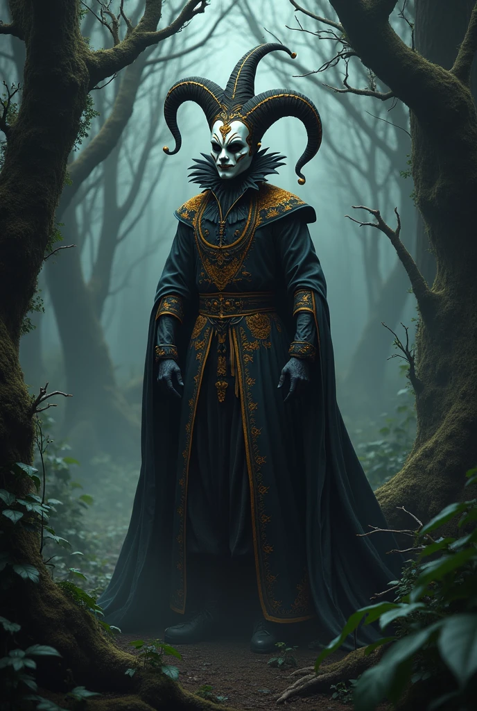 Jester with a white and orange mask, black and white medieval style costume, in a dark forest