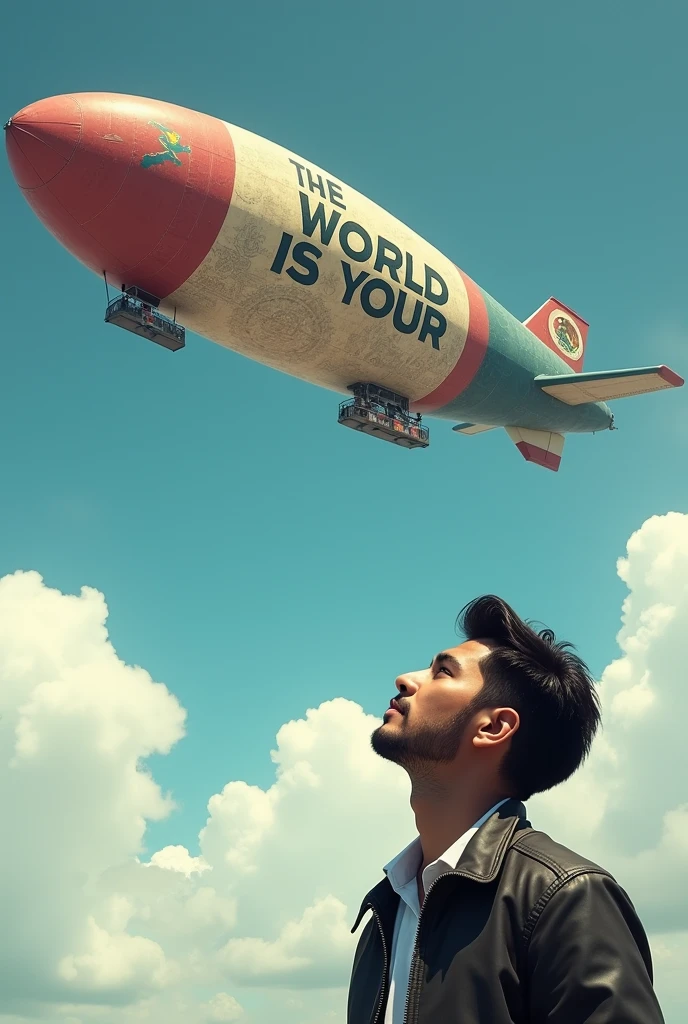 Natanael Cano looking at a blimp in the sky that says THE WORD IS YOUR