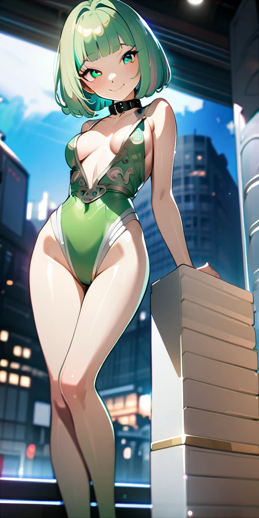 (((Green hair))), (((bob hair cut))), ((black collar))),(((green eyes))), ((Highest quality、masterpiece、anime style、best quality、high resolution、8k、detailed、ultra-detailed:1.3))、Long legs、Sharp focus:1.2, Beautiful woman with perfect figure:1.4、(Smiling:1.2), double eyelid、30-year-old female、Sexy pose、((((Close your mouth、One Woman、Witch、The background is a different world、Luxury hotel lounge))))、(((((Hands on the side of the body)))))