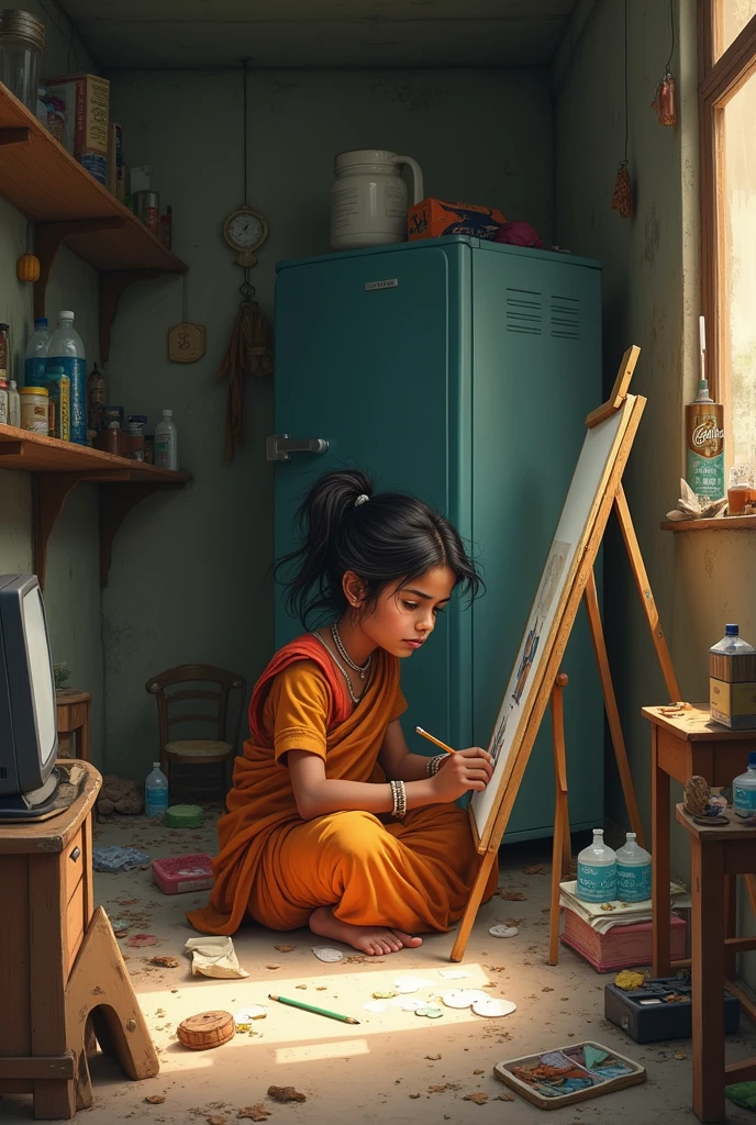 A poor Artist Girl making sketch . Sitting on bed, room full of objects like chairs, fridge, water bottles, book rack, tv etc. Girl have pencils and canvas. Girl wearing indian clothes poor. Messy hairs. Cute girl.
