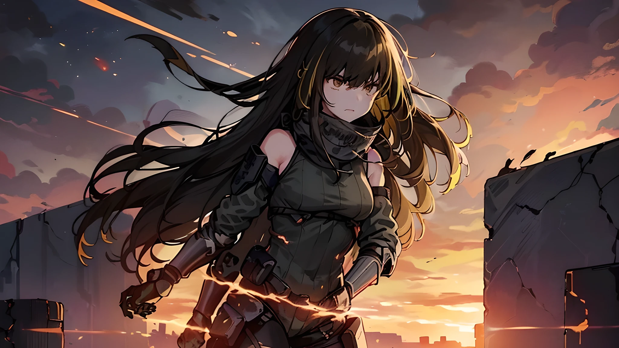 Midjourney, M4A1 (Girls' Frontline), ((1girl)), (masterpiece, high quality, compelling illustration:1.3), (girl standing in a scorched battlefield:1.2), (stern expression conveying determination:1.2), (devastation and chaos in the background:1.2), (charred earth and smoky atmosphere adding intensity:1.2), (wind blowing her hair and clothes for dynamic effect:1.1), (emphasizing resilience in the face of adversity:1.2), (subtle hints of hope amidst destruction:1.1), (intense color palette to evoke the harsh environment:1.2), (capturing the strength and courage of the girl:1.2), (creating a powerful illustration of survival and defiance:1.3), (contrast between the girl's unwavering spirit and desolation around her:1.2), (immersing the audience in a scene of bravery and resolve on a scorched battlefield:1.2).