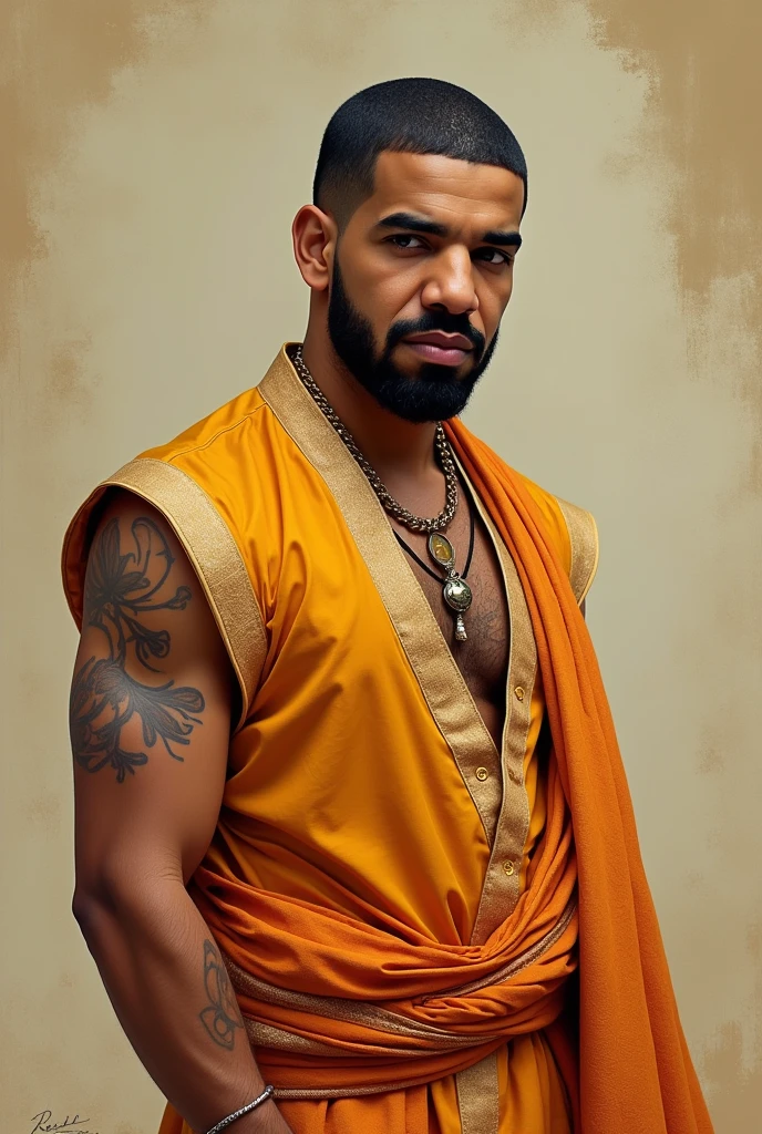 (photorealism:1.2), drake in south indian lungi and vest, realistic, intricate details, warm colors, by Greg Rutkowski, by Alphonse Mucha
