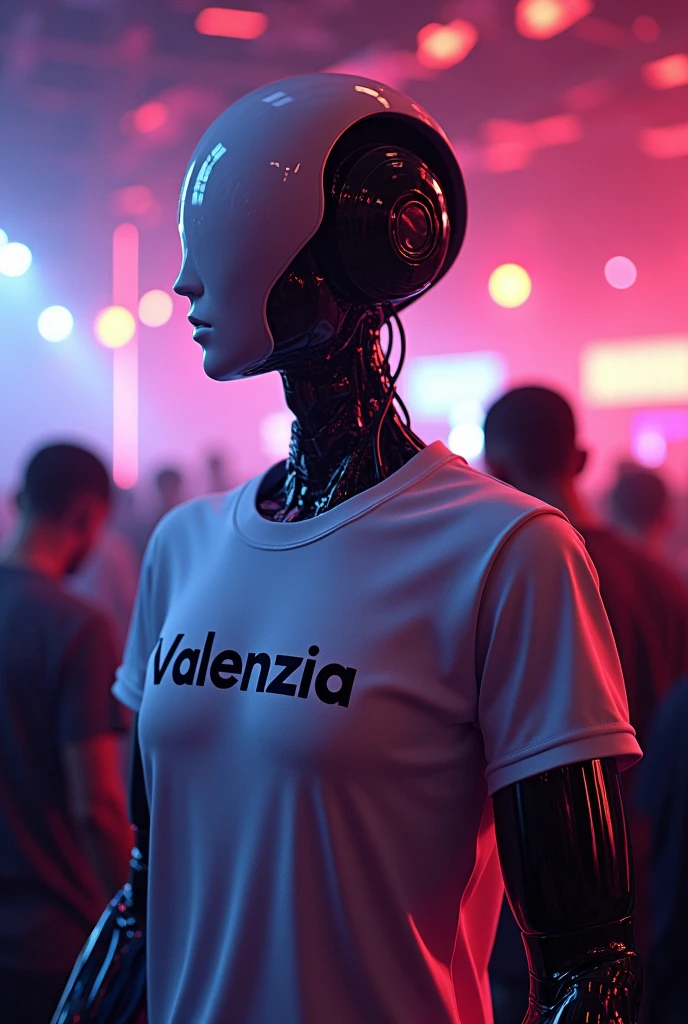 A ai robot is wearing a tshirt of skin colour and on the thsirt written valenzia with black colour and the ai robot is in a night club 