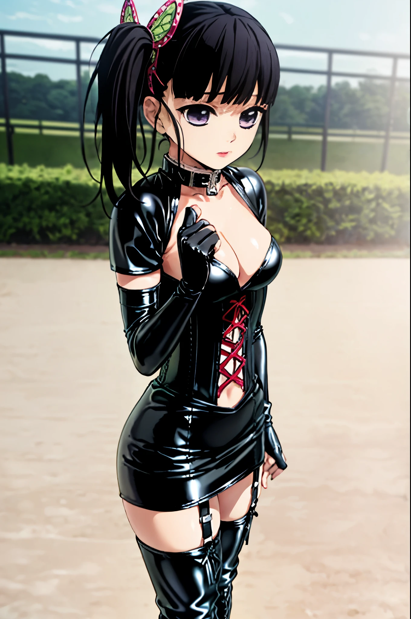 BDSM、Queen、mistress、(((One girl)))、(((solo:1.8)))、(((Black latex elbow gloves:1.4 )))、(((Black latex corset dress:1.4)))、(((The corset dress is decorated with beautiful lace.)))、(((Corset dress with shoulder straps)))、(((Black latex tight mini skirt:1.4)))、(((Black Thigh Boots)))、(((Black rubber tights:1.2 )))、(((Stiletto Heel Boots:1.4)))、(((Black latex panties)))、(((Black latex bra)))、(((Red leather collar)))、(((Sexy pose:1.4 )))、Wide-open legs:1.2、(((Erotic)))、(((Cowboy Shot)))、Close-up、Fine-grained beautiful skin、Two perfect anatomical arms、Two perfect anatomical legs、(Perfect 4 fingers and 1 thumb)、Masterpiece、high resolution、High resolution、Kimetsu no Yaiba style、One girl、蝶のhair ornaments、hair ornaments、alone、Purple eyes with no highlights、(((Side Ponytail)))、Black Hair、Expressionless、Staring at the audience、looking at the camera、Outdoor、Trimmed bangs、wood、fence、Anime Coloring