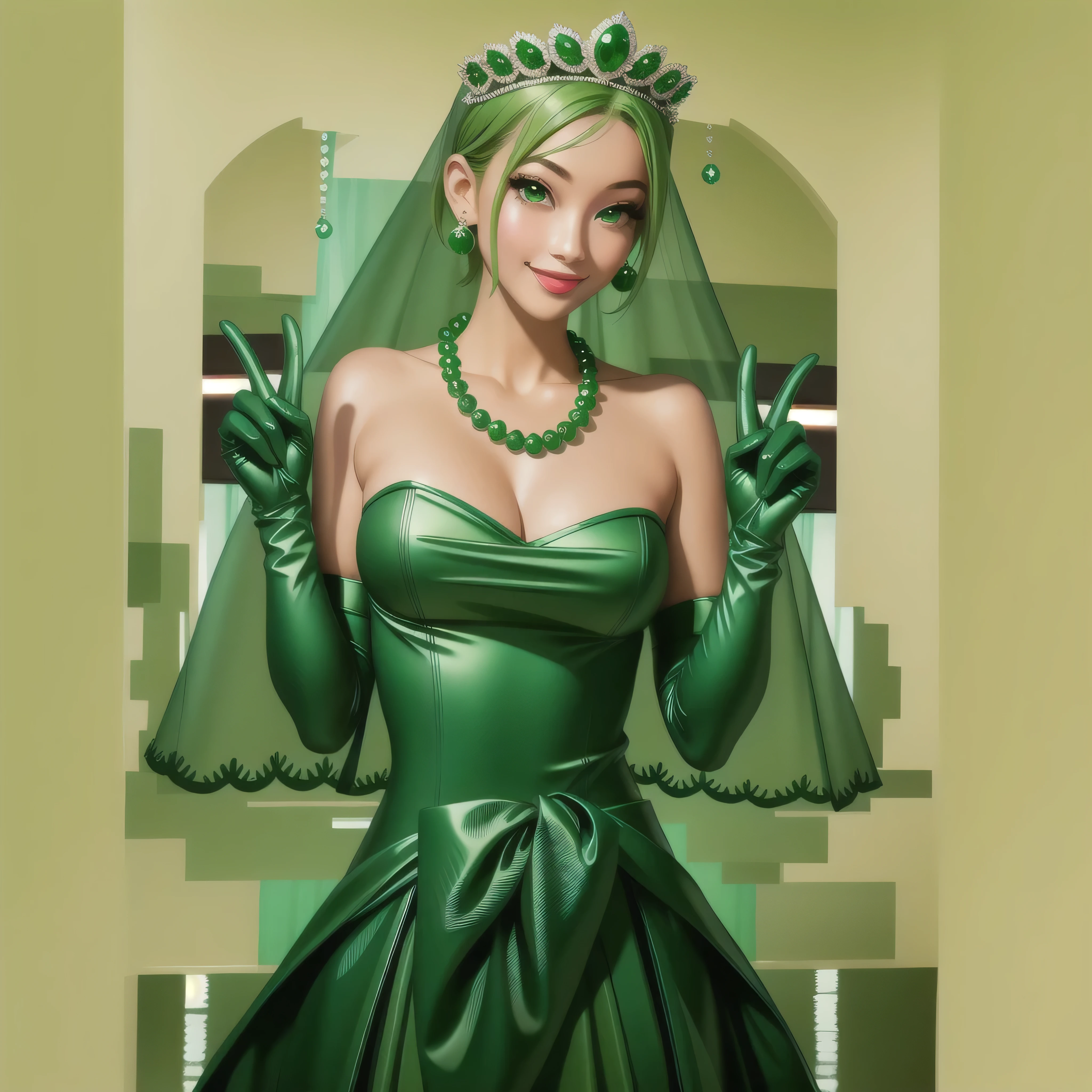 Emerald tiara, Green Pearl Necklace, Boyish very short green hair, Green Lips, Smiling Japanese woman, Very short hair, Busty beautiful lady, Green Eyes, Green satin long gloves, Green Eyes, Emerald Earrings, Green veil, all, Green Hair, Beautiful Japanese Woman, green lip gloss