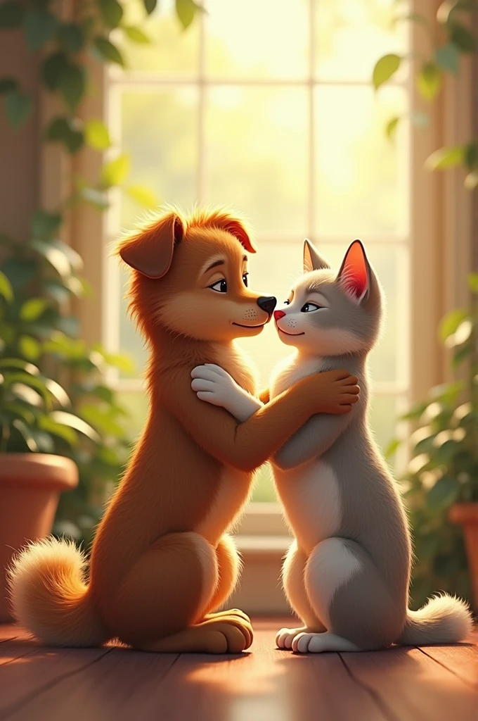 A dog and a cat kissing