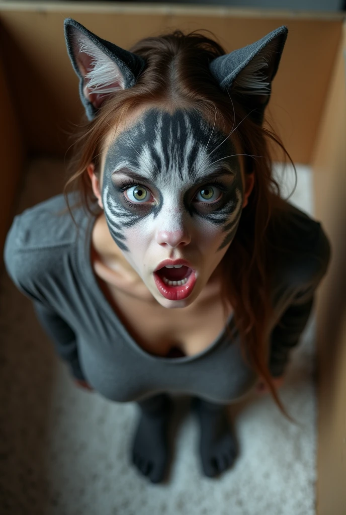 A woman with rat fangs dog tongue mixed with cat tongue squirrel nose rat legs cat ears raccoon mask dog eyes elongated body of a cat squirrel tail gray fur of a cat and shark teeth