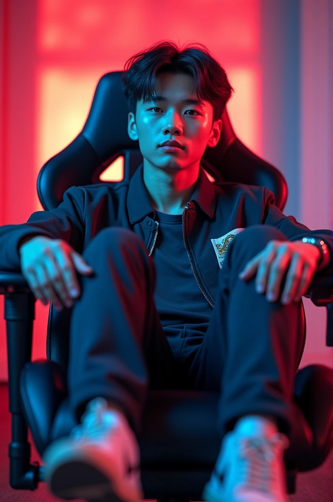 A handsome Chinese high school boy shows off his big feet while sitting on a gaming chair
