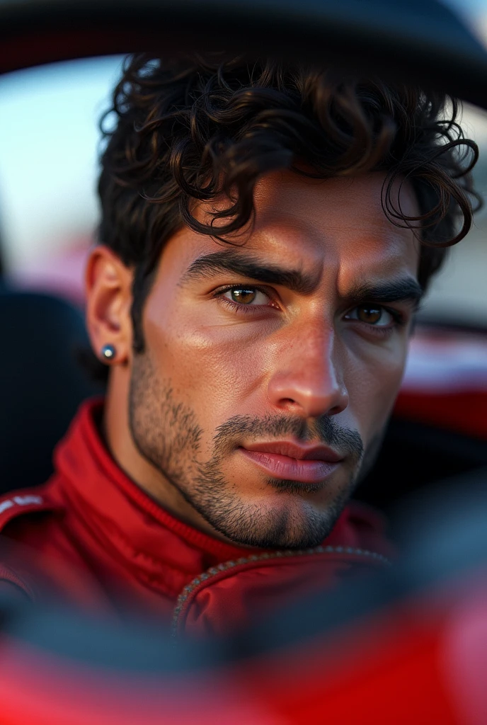 a Formula 1 racing driver Checo Perez, detailed portrait, realistic, photorealistic, highly detailed, hyper-realistic, extremely detailed eyes and face, beautiful detailed eyes, beautiful detailed lips, longeyelashes, racing suit, in a Formula 1 racing car, racetrack background, motion blur, dynamic lighting, vibrant colors, cinematic, masterpiece, 8k, best quality