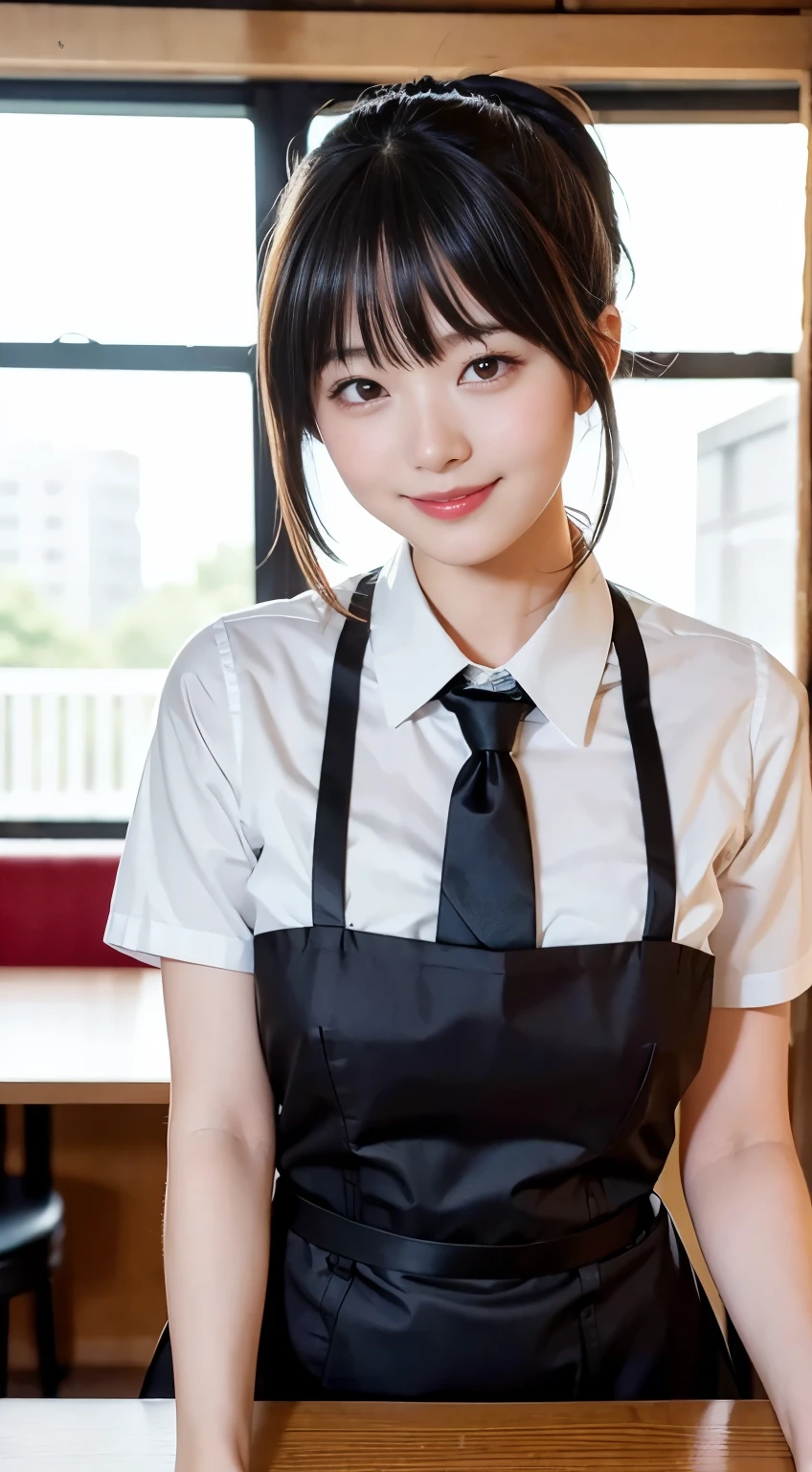 (Highest quality,masterpiece:1.3,Ultra-high resolution,),(Very detailed,Caustics),(Realistic:1.4,RAW shooting,)Ultra-Realistic Capture,Very detailed,High resolution 16K human skin closeup。 Natural skin texture、,pores、、、、It must be detailed enough to be easily identifiable。 Skin tone is even and healthy looking。 Use natural light and colour,restaurant,Waitress Uniform,1 girl,Japanese,18-year-old,cute,Black-haired,ponytail,Big Breasts,smile,Turn your body forward,(Front view:1.1),Looking into the camera,Cowboy Shot,