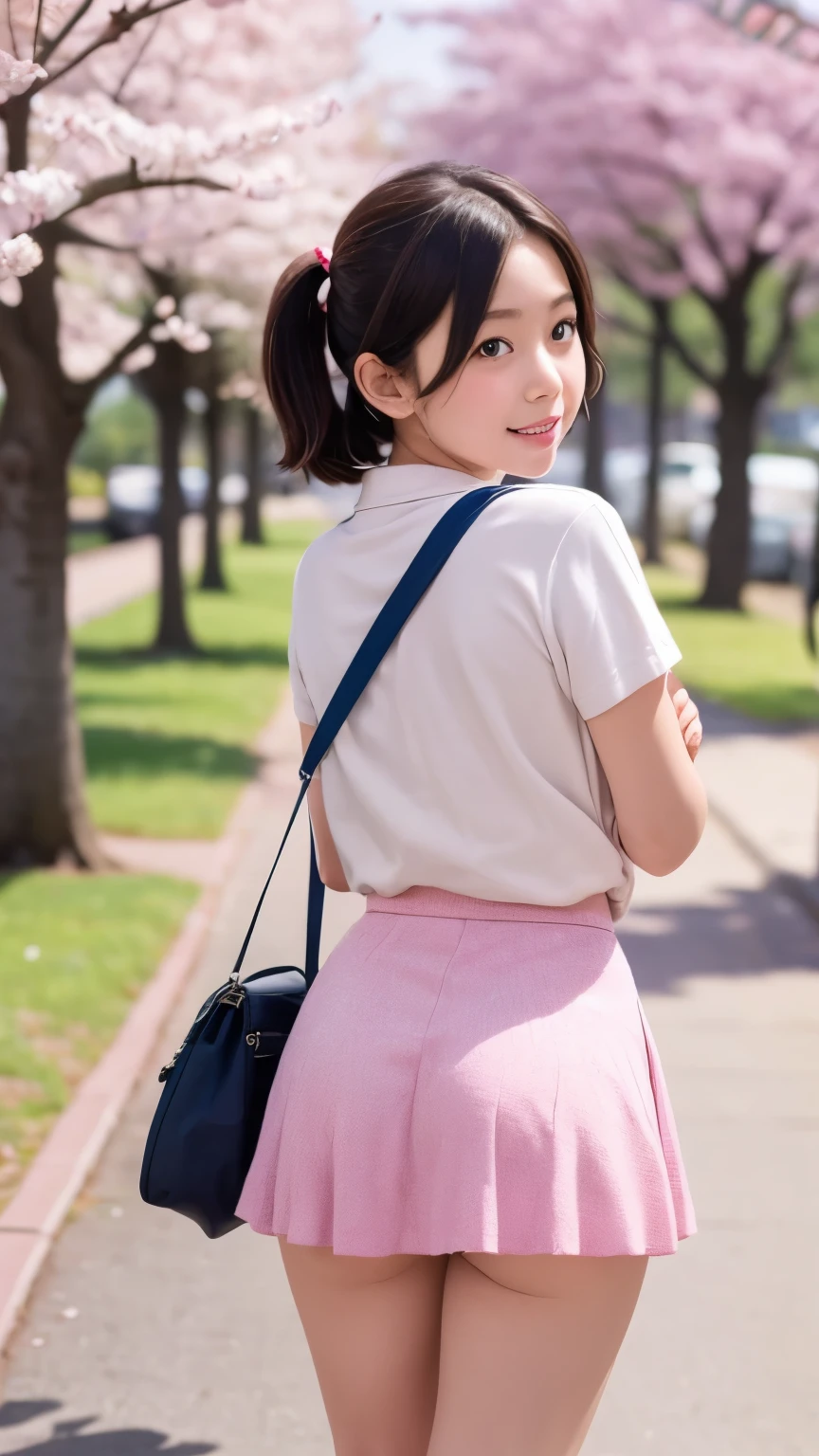 girl with a school bag turns around and looks at me in the row of cherry blossom trees, her skirt rides up, embarrassed expression, cotton underwear, skirt pulled up, skirt flipped up, dynamic