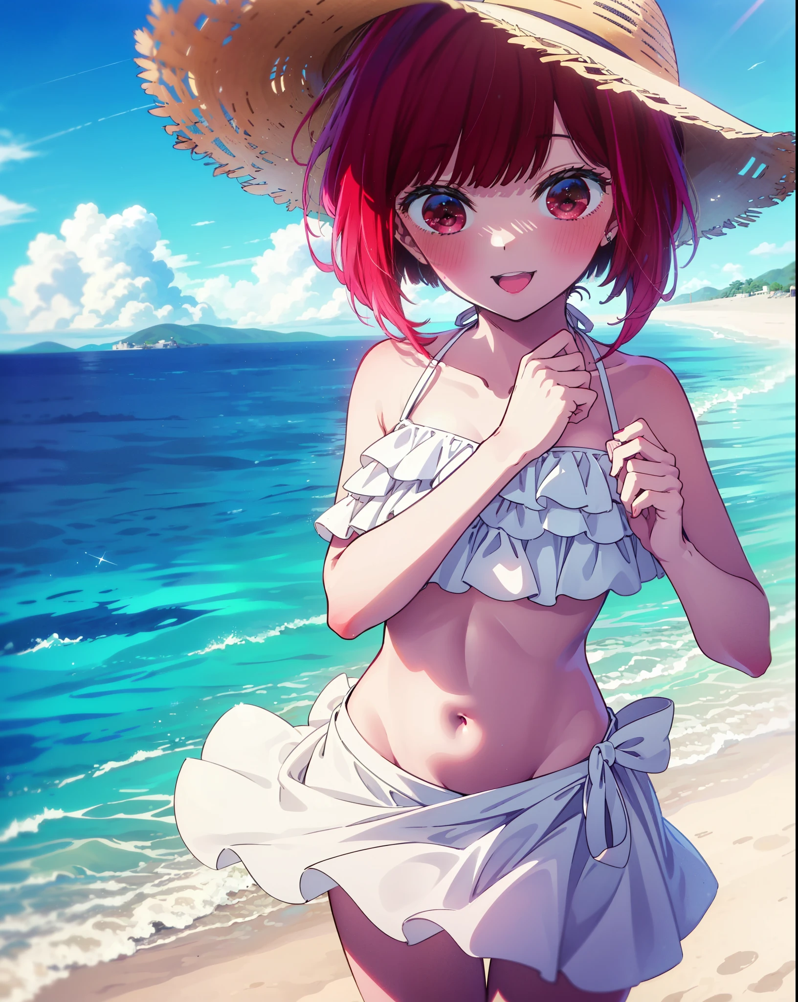 canary, Arima etc., short hair, bangs, (Red eyes:1.3), Redhead, Bobcut, Straw hat,smile,Open your mouth,blush,White string bikini swimsuit with frills,Belly button,abdomen,A thin long skirt is wrapped around her waist,barefoot,Sandy Beachに立っている,whole bodyがイラストに入るように,
break outdoors, Sandy Beach,Beach,
break looking at viewer,whole body,  
break (masterpiece:1.2), Highest quality, High resolution, unity 8k wallpaper, (figure:0.8), (Beautiful attention to detail:1.6), Highly detailed face, Perfect lighting, Highly detailed CG, (Perfect hands, Perfect Anatomy),
