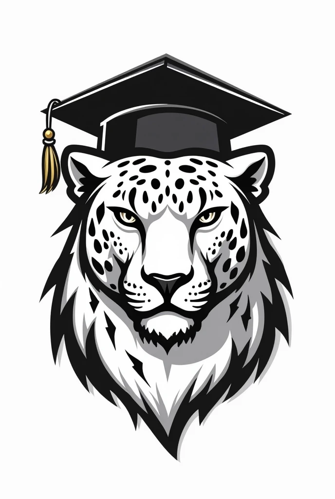Logo of a jaguar wearing a graduation cap and showing school sportsmanship, drawn with a black pencil without hair and without showing teeth
