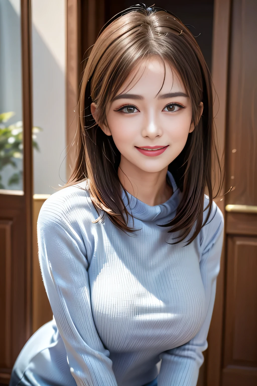 /(Modern house interior/), Only One Woman, Mature Woman, /(blue ribbed Sweater/), bangs, kind, Blushed Smile, (Top quality masterpiece:1.2) Delicate illustrations, Very detailed, Large Breasts、((Sweat,vapor))、In front of the entrance door、visit、(Full Shot)),