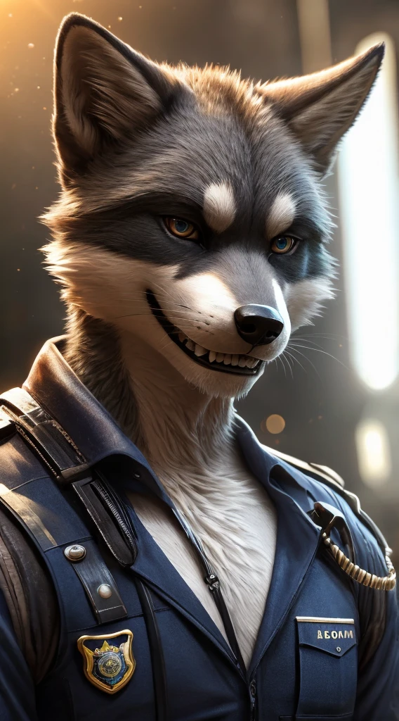 Buffs,((((Two-tone grey fur, White belly,)))), , Raccoon,  Earrings,  whole body, Police uniform,  limbs, 足のnail, nail, Delicate eyes, Detailed handcuffs, Grin expression,  drips, Common fur styles, sexy wolf Farson, Furry, furry Farson, Farson!!!!, Saints Row Fursuit Tales Mod, Kazuma Koda, disney stylized furry, Furry Characters, furaffinity Farson, Humanitypomorphic coyote male, Hybrid humans / Humanity, Buffs, View your viewers, 
Grin, Sharp teeth, Long, thin canines,  , Unique fur pattern, Police uniform, A  gaze, sexy, , hyper-Realistic cgi, photoRealistic, Attention to detail, Realistic:1.5, masterpiece, Absurd, 最high quality, High resolution, high quality, High resolution, Very detailed, 8k wallpaper, Intricate details, 8K Ultra HD, Full HD, (Realistic photo:1.9), Strong lighting, Cinema Lighting, Natural light, Hard Light, Teal lighting, Global Illumination, Ambient Occlusion, Depth of written boundary, vision, Lens flare, Great environment, Complex VR chat background, A complex and intricate subject