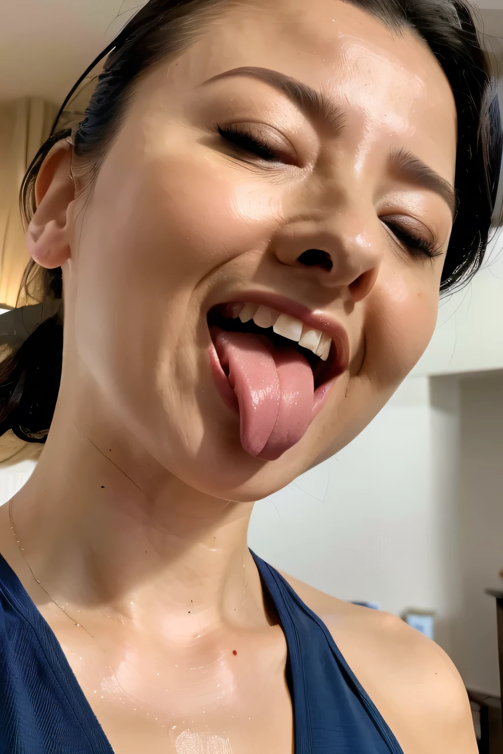 Tabletop,,Award-winning photo, Very detailed, Sharp focus on the eyes, Nose and mouth,Face Focus, Woman with open mouth and closed eyes, blue camisole、Age 35,Black-haired、Symmetrical face,Realistic nostrils、Angle from below,,Sweaty skin、Lighting that highlights sweaty skin、((Nose hook))Skin shiny with sweat、Glowing Skin、Sweaty hair,Beautiful Japanese actresses,smile,(Super wet skin)((Super Steam))((ahegao,,Sticking out tongue,Long Tongue,))((Realistic eyelashes with attention to detail))((ahegao, Drooling, traces of saliva, Long Tongue, Face to face, Textured skin, Anatomically correct, Ultra-high resolution,))Thick tongue,Realistic moist skin