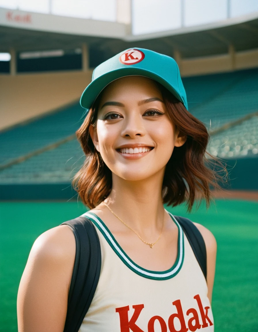 Quite a bit body, A gorgeous young asian girl in a Glamorous outfit, beautiful long slender slimmed face Japanese girl, smiling,still from the film, (solo), ((Marion Cotillard: 0.8)), blended mixed face, ((Anne Hathaway:0.9)),rose gold hair, turquoise eyes, (medium breasts), (petite body), messy hair, ponytail, medium length hair, looking at viewer, baseball uniform, outdoors, stadium, taut clothing, baseball cap, low-angle view, view from behind, back, cowboy shot, baseball pants, (masterpiece, best quality, very aesthetic, ultra detailed), intricate details, beautiful face, detailed eyes, detailed background, light from above, shiny skin, oiled skin, (Leica SL3, Summicron-SL 75 f/8 ASPH, kodak gold 400 film),