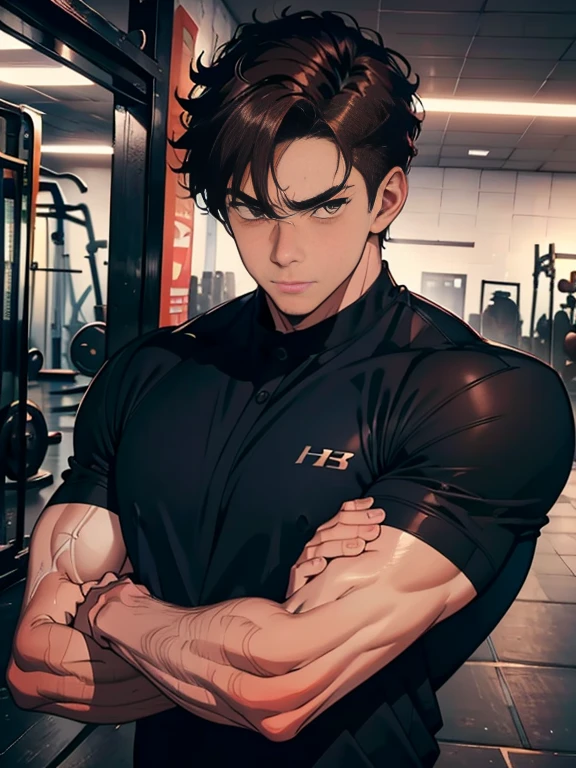 8K, Super detail, ccurate, Best quality, Best quality, High quality, hyper HD, Textured skin, Masterpiece，A boy，wearing black suits，brown  hair，muscle strong，Handsome，higher details，in  the gym