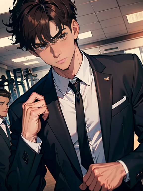 8K, Super detail, ccurate, Best quality, Best quality, High quality, hyper HD, Textured skin, Masterpiece，A boy，wearing black suits，brown  hair，muscle strong，Handsome，higher details，in  the gym