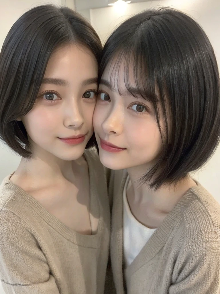 (masterpiece:1.3), (8k, Photoreal, Raw photo, best image quality: 1.4), Japanese high school girl、(random hairstyle:1.2)、cleavage:1.5、super detail face、eye for details、double eyelid、chest to chest、sharp focus:1.2、Beautiful woman:1.4、light brown hair、highest quality、masterpiece、超A high resolution、(Photoreal:1.4)、Highly detailed and professionally lit smiles、loose and light knitwear、shoulder out、thin、serious expression、short haired、deadly position
similar identical twins
All the girls have the exact same face, The two have the same face and figure, as if they were mirror images.