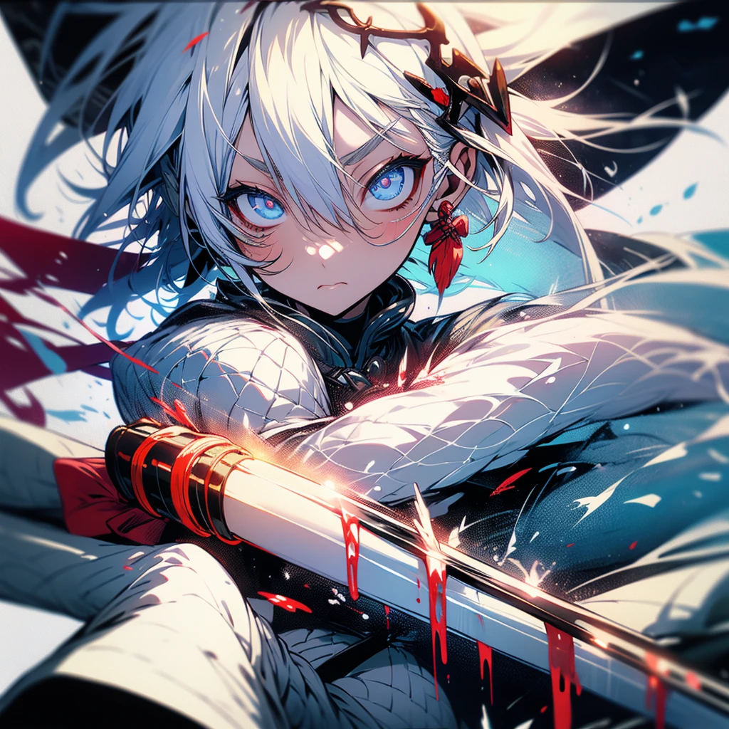 Create a woman with white hair and a kusarigama in her hands with a coat covered in blood.
