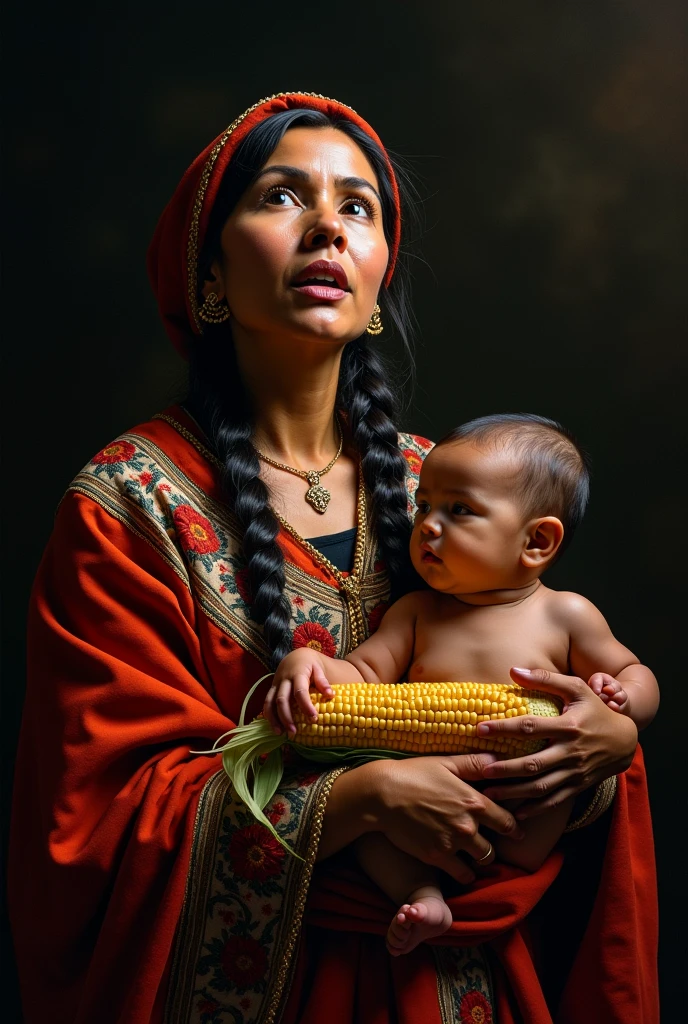 masterpiece, realist, high contrast, Abraham Bloemaert painting style, indigenous mexican woman,light, with Mexican embroidered shawl, breastfeeding her , and held a corn cob, shocking look, thanking heaven, great handling of light and dark, Angel of Caceres, photography by uma damle, style photo by uman damle, Caravaggio 