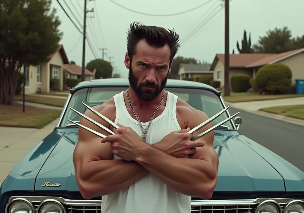  hyper-realistic, 8K image featuring a heavily muscular Hugh Jackman, wearing a white tank top and white Converse sneakers. He has the iconic Wolverine hairstyle from the movies, and his fists are raised in front of his face, crossed in an 'X' shape, with his muscles tensed. The well-known metal claws from the Wolverine films extend from his knuckles, and he holds them in front of him in an 'X' formation. Hugh is leaning back against a 1964 Chevrolet Impala, parked beside him. The background depicts a gritty suburban neighborhood in Compton, with run-down houses, overgrown lawns, and a tough, urban vibe.