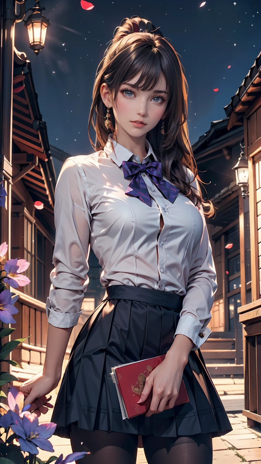 Highest quality, masterpiece,, figure, wallpaper,One girl, alone, school uniform, White shirt, Black Skirt, Light Hair, Semi-long hair, Beautiful detailed girl, Highly detailed eyes and face, Beautiful attention to detail, shy, nature_Lighting, Shine,Browsing Caution, clean null, View your viewers, Outdoor, night null, star (null), loafers, Black Pantyhose, Blue bow tie, Straight hair, Purple petals, Purple and blue flowers, Red Eyes, ponytail, Blue Ribbon,Gray Hair, thick_Thighs, Large Breasts, Red eyes,