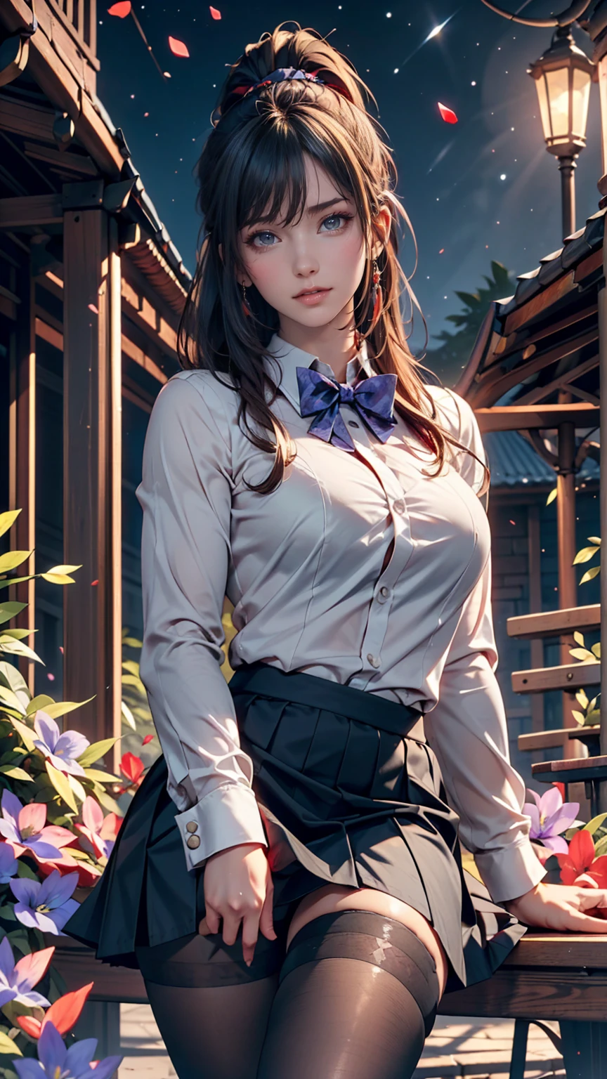 Highest quality, masterpiece,, figure, wallpaper,One girl, alone, school uniform, White shirt, Black Skirt, Light Hair, Semi-long hair, Beautiful detailed girl, Highly detailed eyes and face, Beautiful attention to detail, shy, nature_Lighting, Shine,Browsing Caution, clean null, View your viewers, Outdoor, night null, star (null), loafers, Black Pantyhose, Blue bow tie, Straight hair, Purple petals, Purple and blue flowers, Red Eyes, ponytail, Blue Ribbon,Gray Hair, thick_Thighs, Large Breasts, Red eyes,