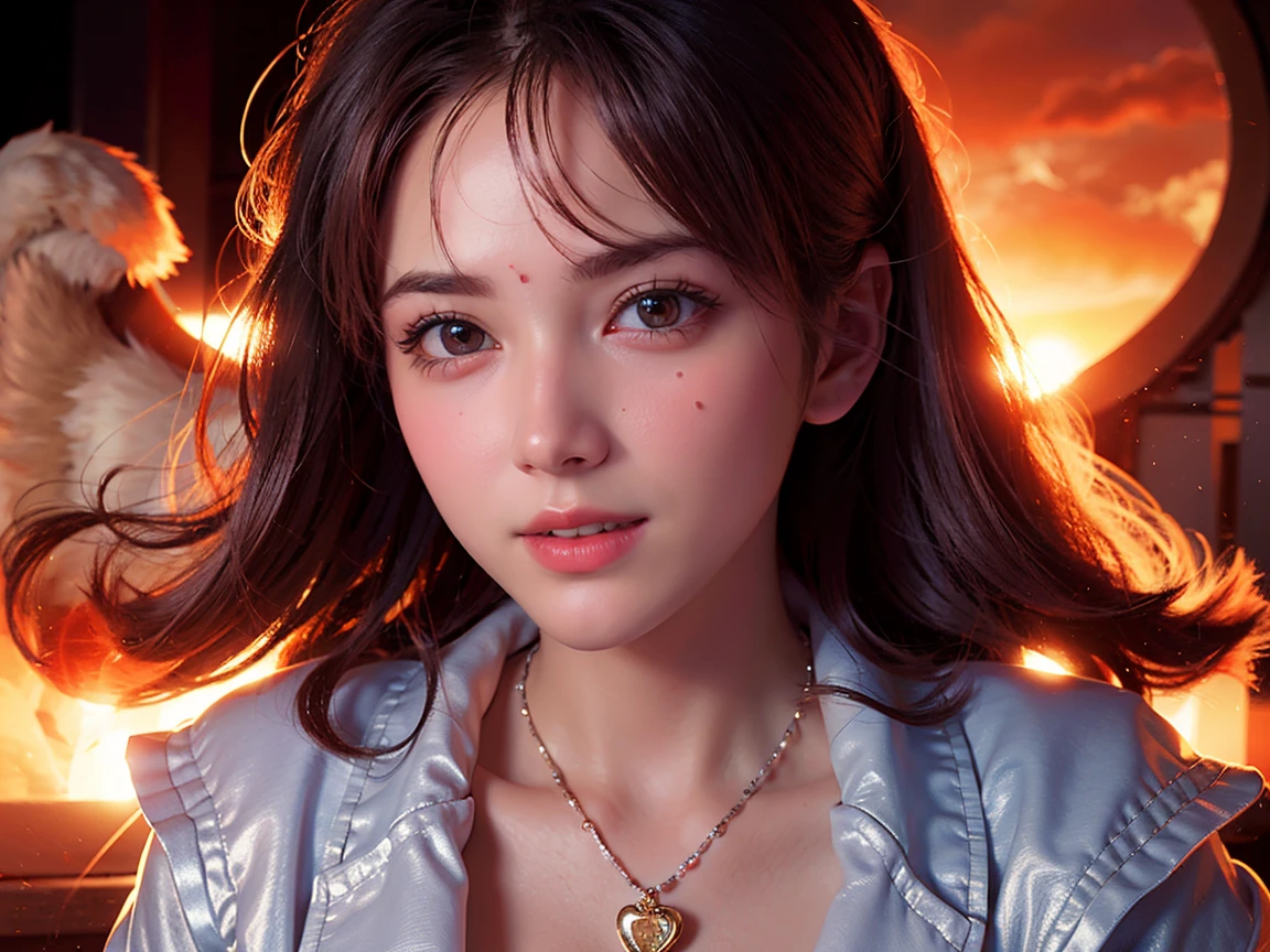 a girl floating in the sky, close-up, 1girl, cloud girl, bright, happy, warm soft lighting, sunset, (sparks:0.7), masterpiece, best quality, movie still, photorealistic, cinematic, detailed face, detailed eyes, detailed lips, intricate details, vivid colors, natural lighting, volumetric light