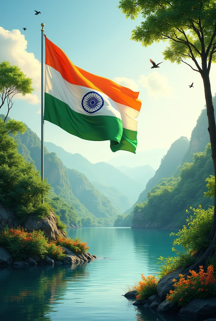 Genrate a a unique poster background that have indian flag and beautiful environment and dont have person