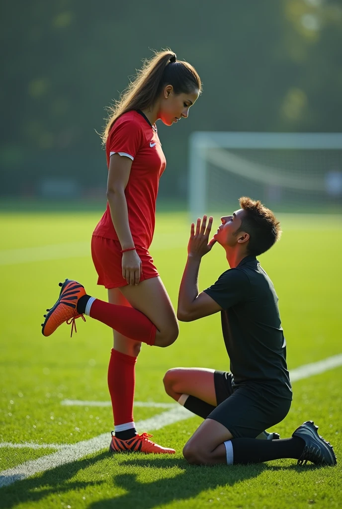 Kissing the feet of a woman playing football