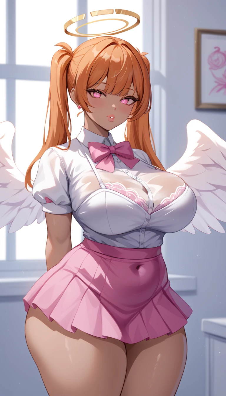 darkskin++++, dark brown skin:1.2+, orange hair++++, twintails++, pink eyes+++, big breast+, plump lips++ thick lips, angel wings, halo++, neck bow+, pink skirt+, white top+, see-through+, clevage+, room background+, window in background, room background+, thick thighs+, detailed eyes, 4 k digital art, smooth art, close up++,