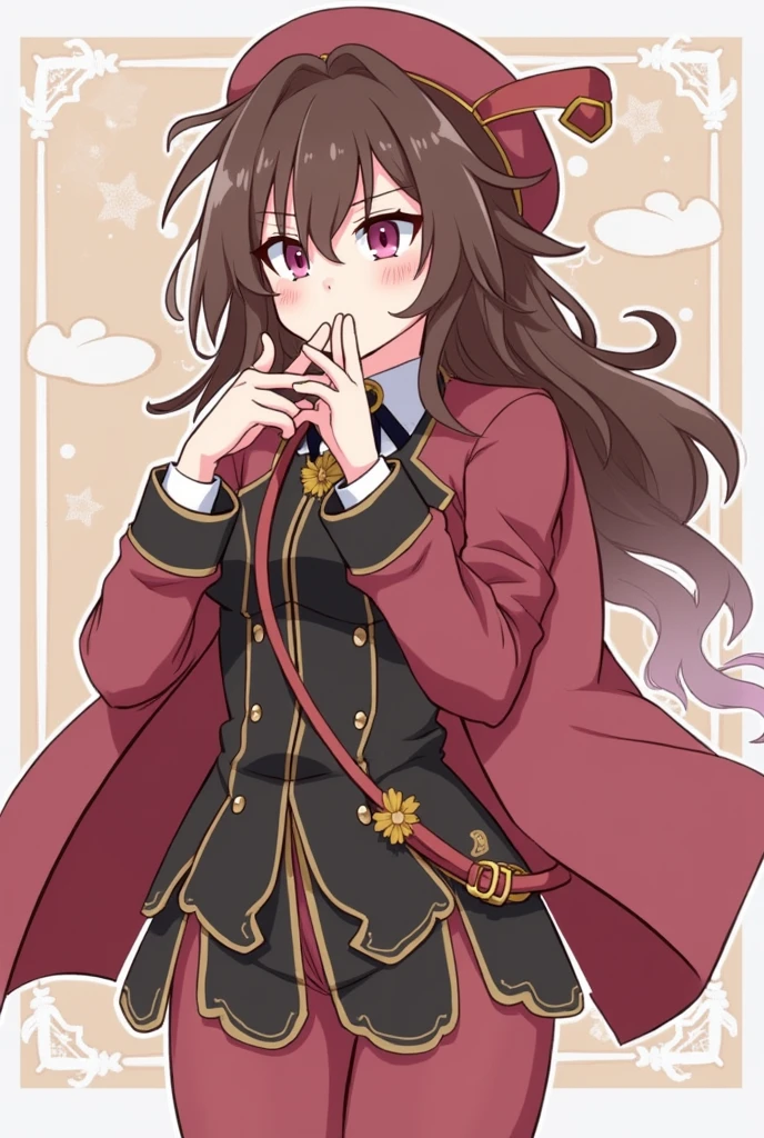 My genshin impact character with loose hair, in full body, clothing similar to linett's, pink eyes,Brown hair, and kissing scaramouche
