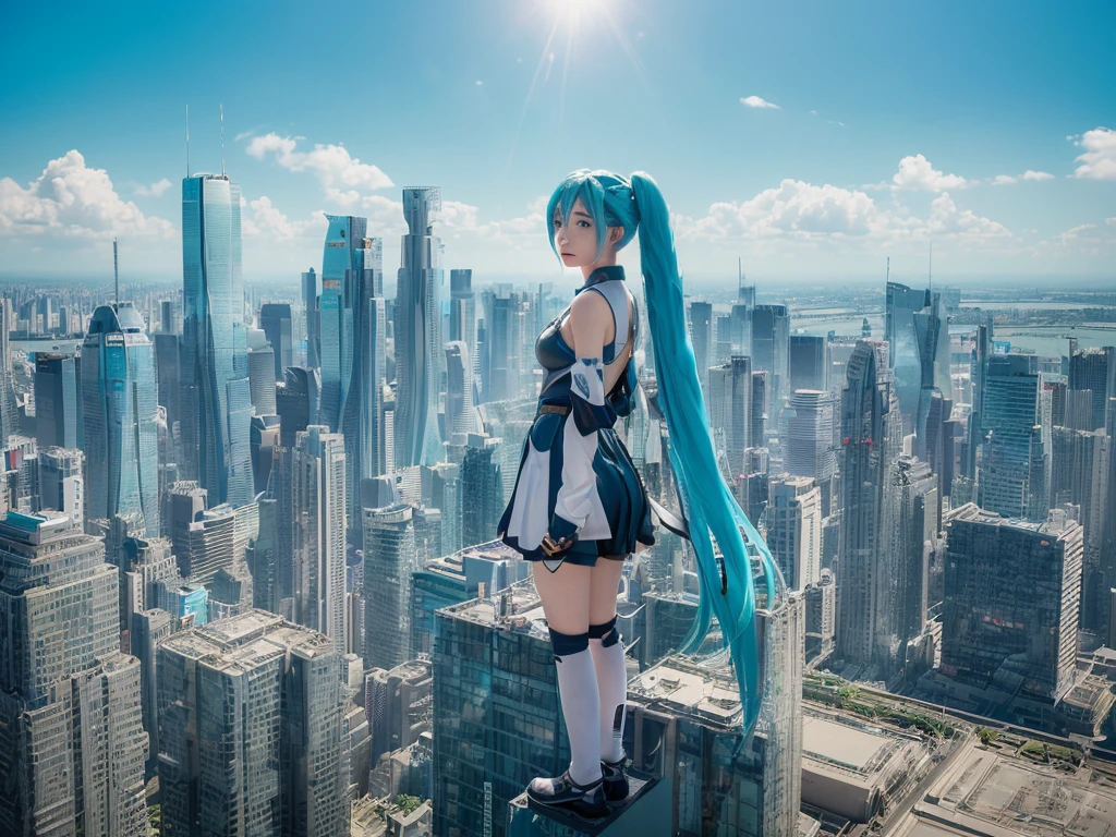 ((Description of Super Giant、8k、Realistic、Hatsune Miku、Cosplay、Japanese women、Cosplayイヤー、Large Breasts、Highly detailed depiction of the giant、Much larger than a skyscraper、very small metropolis, Miniature metropolis, 足元までの高さしかないMiniature metropolisで、Full body description、Walking from afar、top view))、((Clone avatar depiction、Ultra HD、10 peopleのHatsune Miku、one girl clones、Highly detailed avatar art、Hatsune Mikuがたくさん、Hatsune Mikuのクローン増殖、10 people))