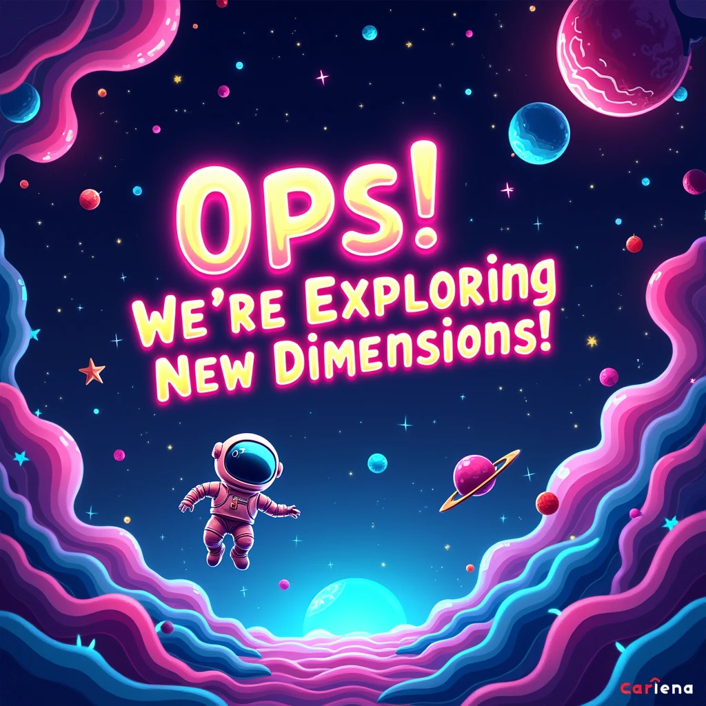 The background is a swirling, neon-colored cosmic landscape with vivid hues of electric blues, radiant pinks, and glowing purples. The scene is adorned with abstract, swirling patterns and luminous geometric shapes, creating a mesmerizing, dreamlike effect. At the center of the image, include a bold, playful message that reads: "Oops! We’re Exploring New Dimensions!" The text should be rendered in a futuristic, glowing font with animated, swirling colors that shift and pulse. Accompany this with a whimsical graphic of a robotic astronaut floating in space, surrounded by psychedelic stars and glowing orbs. Finish with a playful, cosmic-themed footer illustration of planets and stars to complete the whimsical, otherworldly feel of the image.